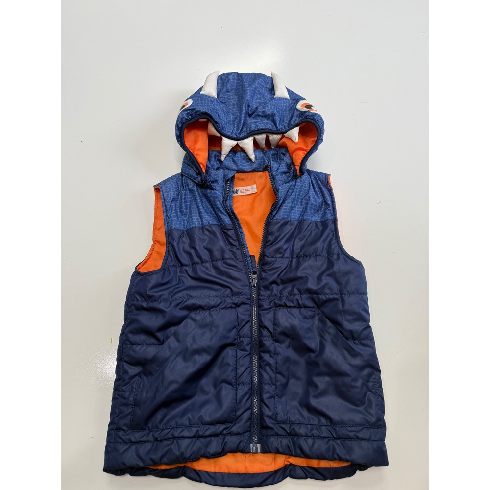 HM Boys Blue Dragon Puffer Vest Monster Hood Quilted Sleeveless Jacket Size 7-8Y